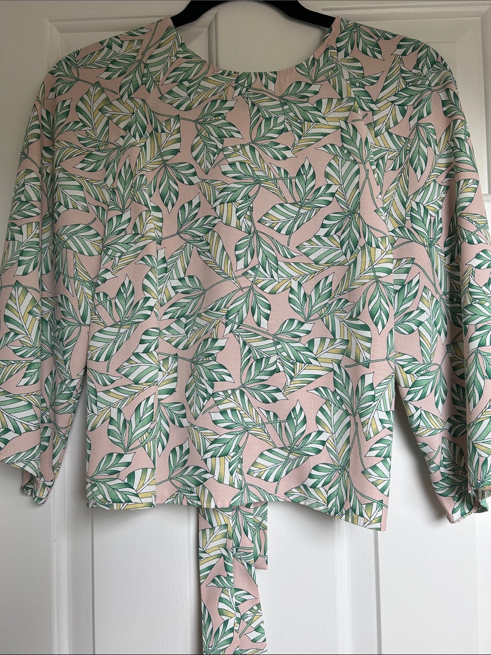 S Pink Leaf Print Long Sleeve Blouse